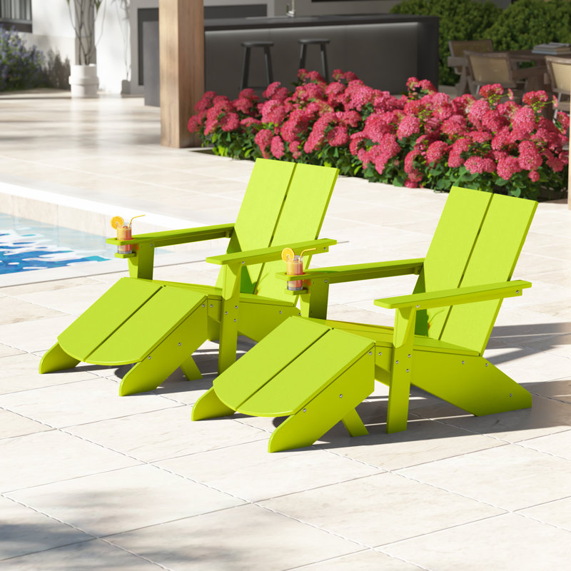 Modern Poly Adirondack Chair With Ottoman (Set Of 2), Lime Green