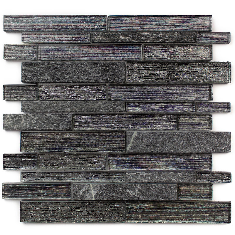 Cosmos Brick Glass Mosaic Tile, Black/Gray