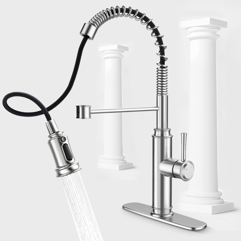 Kitchen Faucet - Spring Kitchen Sink Faucet With 3 Modes Pull Down Sprayer, Single Handle&Deck Plate For 1Or3 Holes, 360° Rotation, Spot Resist Stainles Bar Home