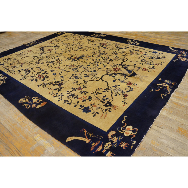 Antique Peking Chinese Floral Black, Ivory Beige Cream White 1920s Rug
