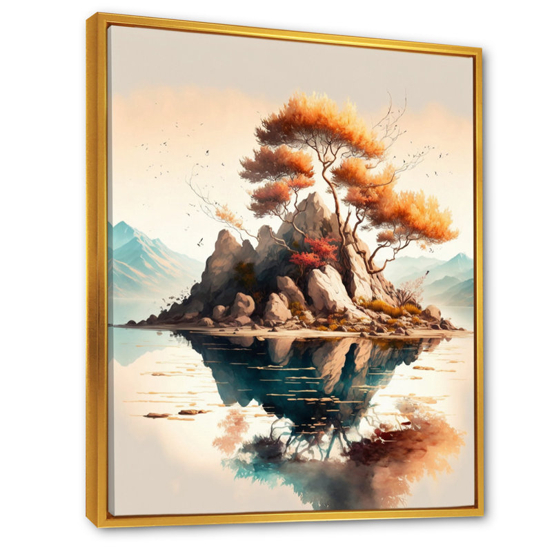 «Bright Bonsai Tree On Rock II», art mural moderne sur toile, L 30 po x H 40 po, Cadre flottant doré