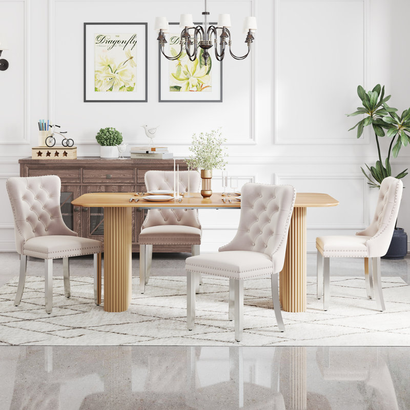 Ensemble de salle à manger rectangulaire en bois avec chaise capitonnée, Blanc, 5, Beige