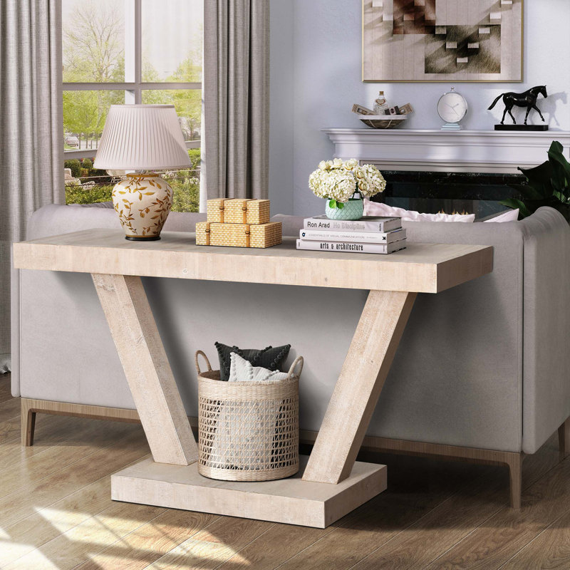 60"Long Distressed  2-Tier Wooden Console Table, Antique Natural