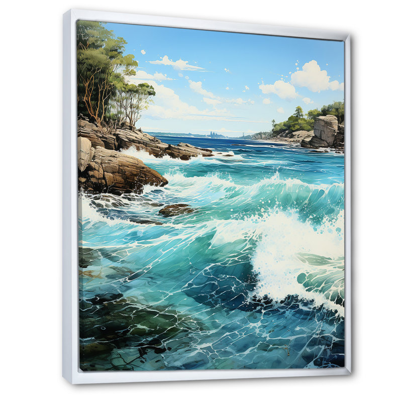 «Azure Seascape Palms Horizon I», reproduction sur toile, Cadre flottant blanc, H 32 po x l 16 po x P 1 po