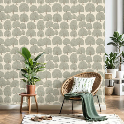 Peel and Stick Wallpaper Seamless Tree Delicate Green Leaves Soft Beige Contact Paper Removable Self Adhesive Wall Mural Wall Decor for Bedroom Kitchen Cabinets 17.7in x 118in