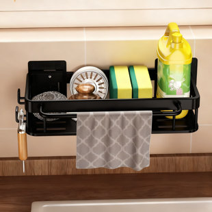 Séchoir à vaisselle au-dessus de l'évier avec porte-éponge et panier de rangement, organisateur d'évier de cuisine pour éponges, brosses, bouteilles de savon et ustensiles (y compris les crochets et les tiges de séchage)