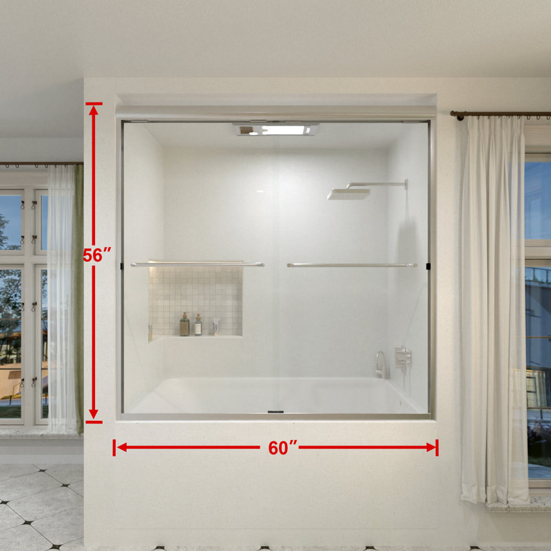 Linear 60 In. W X 56 In. H Sliding Framed Bath Tub Door And Transparent Glass in Brushedn Nickel, Brushed Nickel