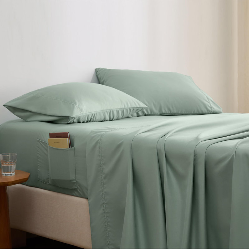 Ensemble de draps avec poche latérale, Ensemble de draps pour lit simple avec un drap-hou, Bleu minéral