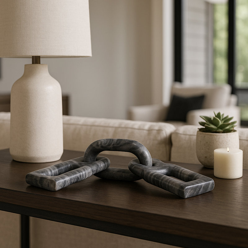 Carved Marble Chain Decorative Objects - Decorative Sculpture For Table And Home Decor - Decorations For Living Room Stone Accent - 16", Gray & White
