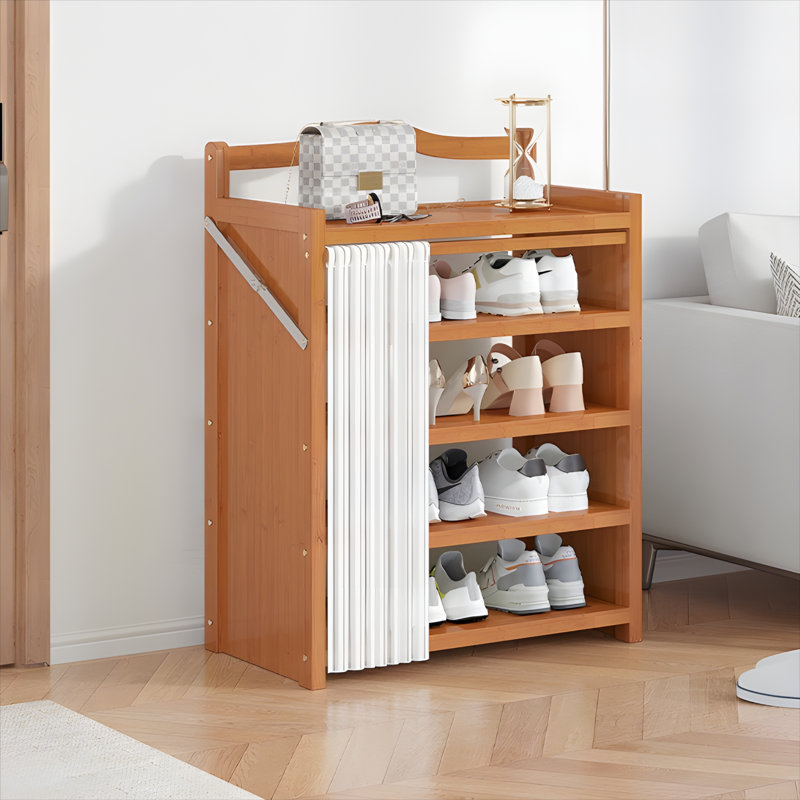 Space-Saving Foldable Shoe Rack - Multi-Layer Bamboo Shoe Organizer For Home, Entryway Storage With Dust-Proof Curtain