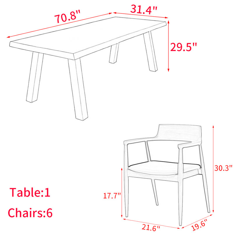 Ensemble de table de salle à manger en bois massif de style américain, H 29,5 po x L 70,8 po x l 31,4 po, 7