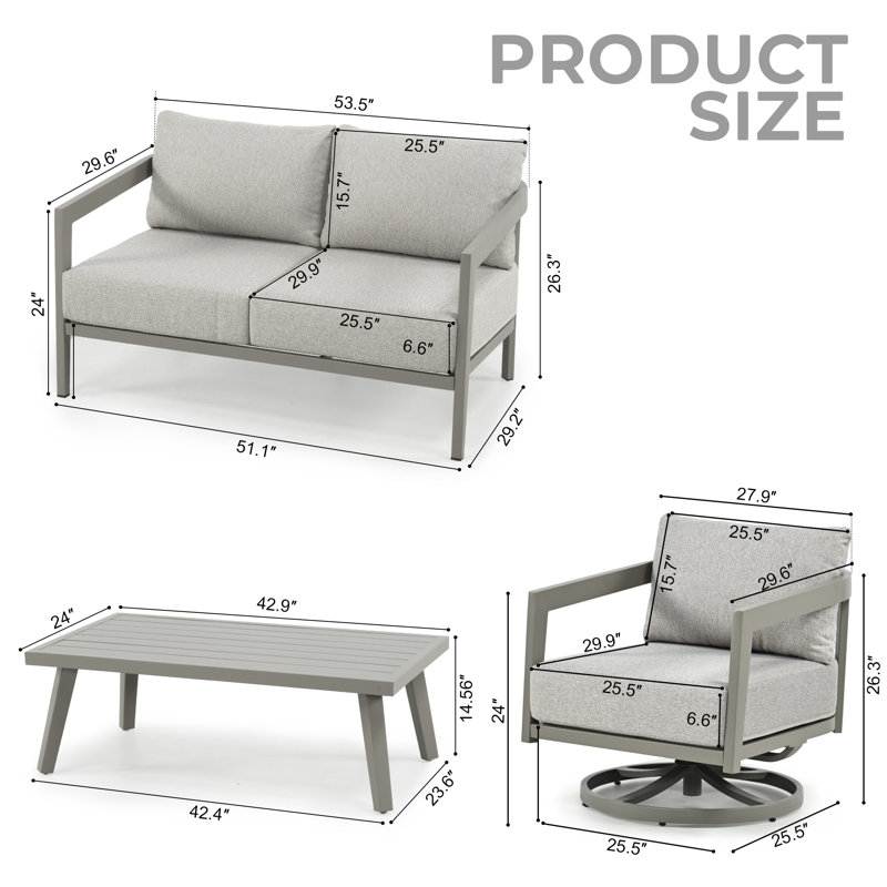Trombley 4-Piece Aluminum Patio Conversation Set With Loveseat, Swivel Chairs, Coffee Table And Gray Cushions