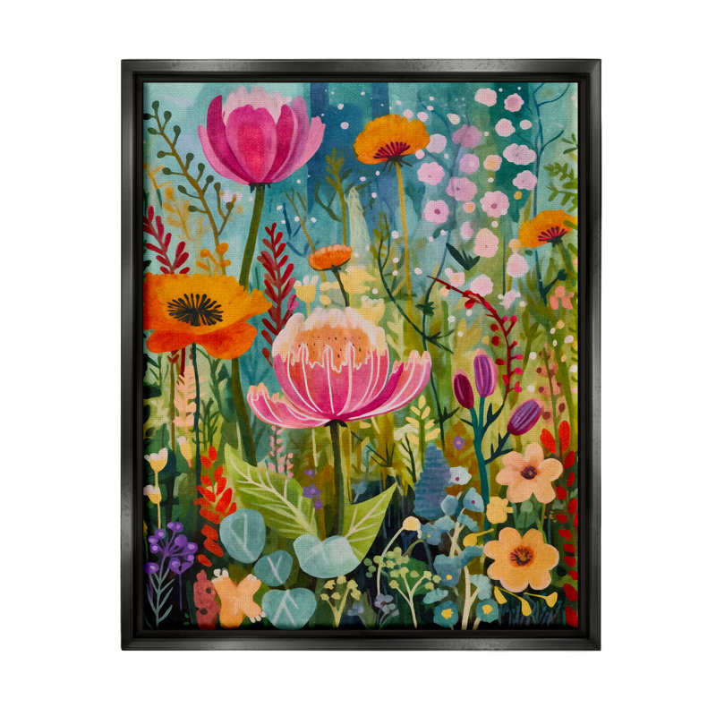 Peinture florale fantaisiste sur bois, H 21 po x l 17 po x P 1,7 po, Cadre flottant noir de jais