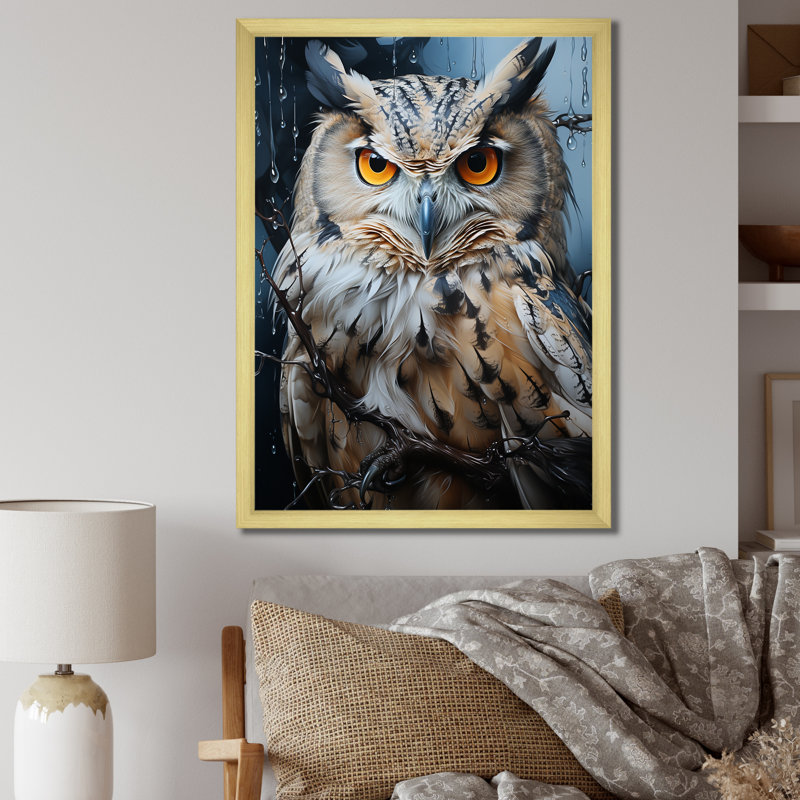«Grey Owl Nights Watch I», art mural hibou, H 40 po x l 30 po x P 1,5 po, Cadre doré simple