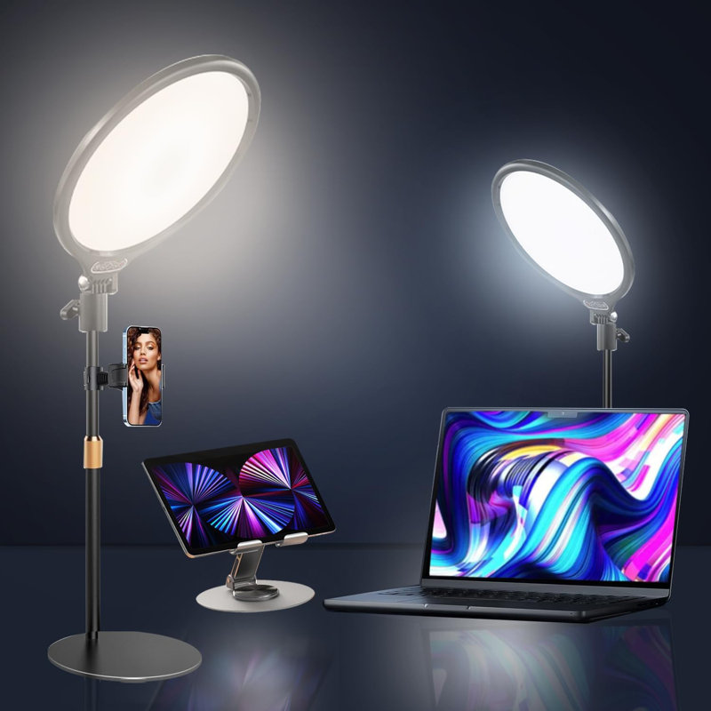 Anneau de 10,2 po avec support pour bureau d'ordinateur, éclairage de zoom plein écran avec luminosité et température de couleur réglables, lumière pour appel vidéo avec support de téléphone