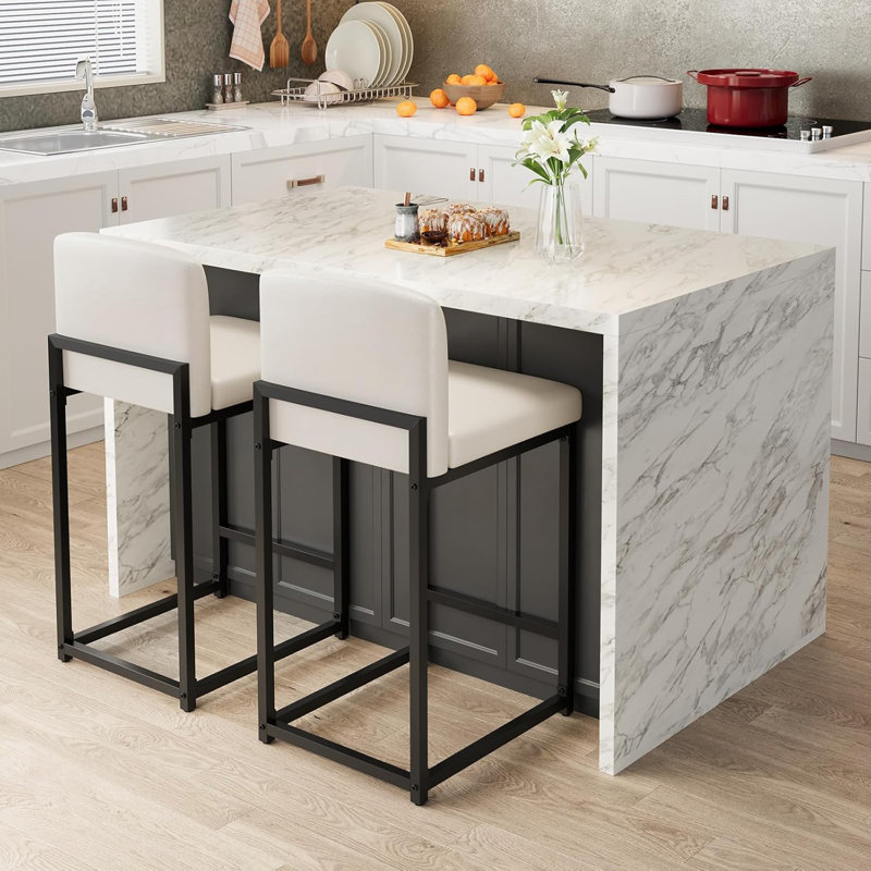 Modern Bar Stools Set of 2 – Black Faux Leather Upholstery, Comfort Backrest, Robust Metal Legs, Counter Height Chairs with Footrest for Kitchen Island, Dining Room