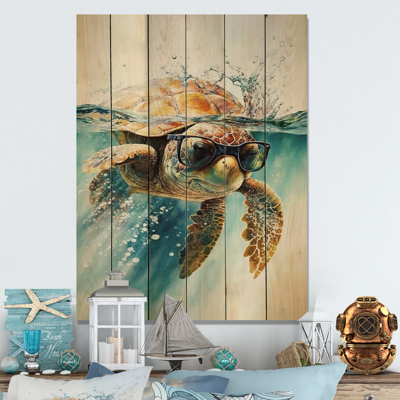 Tortue Hannelie avec lunettes dans l'océan III - impression sur bois sans cadre, H 40 po x l 30 po x P 1,5 po