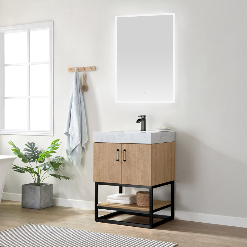 Alistair 17.7" Single Bathroom Vanity Set with Mirror, Noir mat, Chêne naturel, Blanc