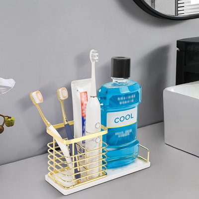 Porte-brosse à dents, porte-dentifrice luxueux en métal pour salle de bain, conception ajourée à fentes multiples, accessoire de salle de bain pour rangement et organisateur (base en marbre - grand, doré)