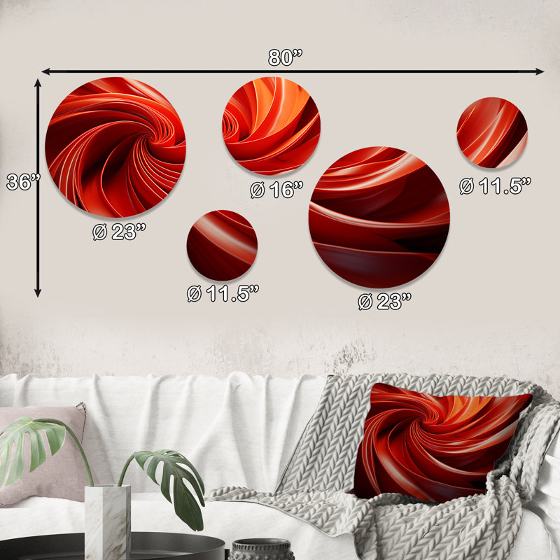 Orange et rouge abstrait spirale Dreamscape II - ensemble abstrait de spirales abstraites murales de 5