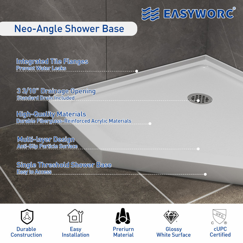 36 in. D x 36 in. W Neo-Angle Shower Base, Single Threshold Acrylic Corner Shower Base, Non-Slip Textured Surface Bathroom Shower Floor Pan in White