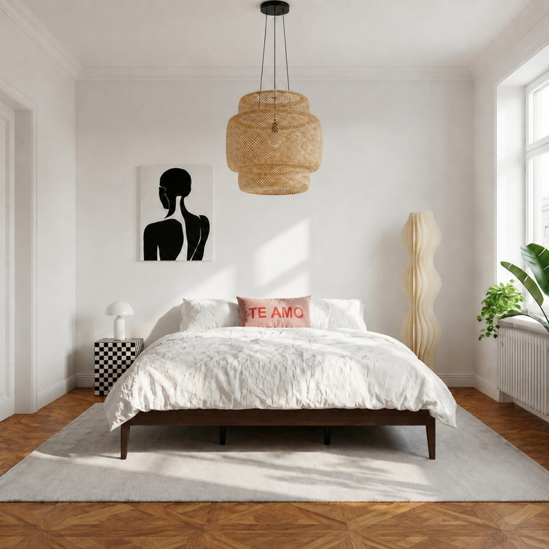 Structure de lit moderne en bambou massif avec support en lattes de bois, hauteur de 15 pouces, aucun sommier requis