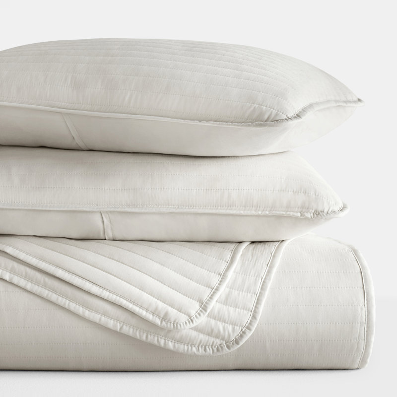 Becky Cameron Lightweight All Season Stripe Stitch Quilt Set with Shams, Natural, King Quilt + 2 King Shams