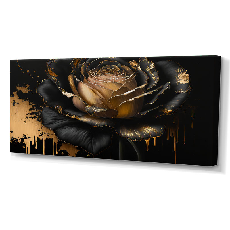 «Black and Gold Rose II», reproduction sur toile encadrée rose, H 28 po x l 60 po, Toile tendue, Sans cadre
