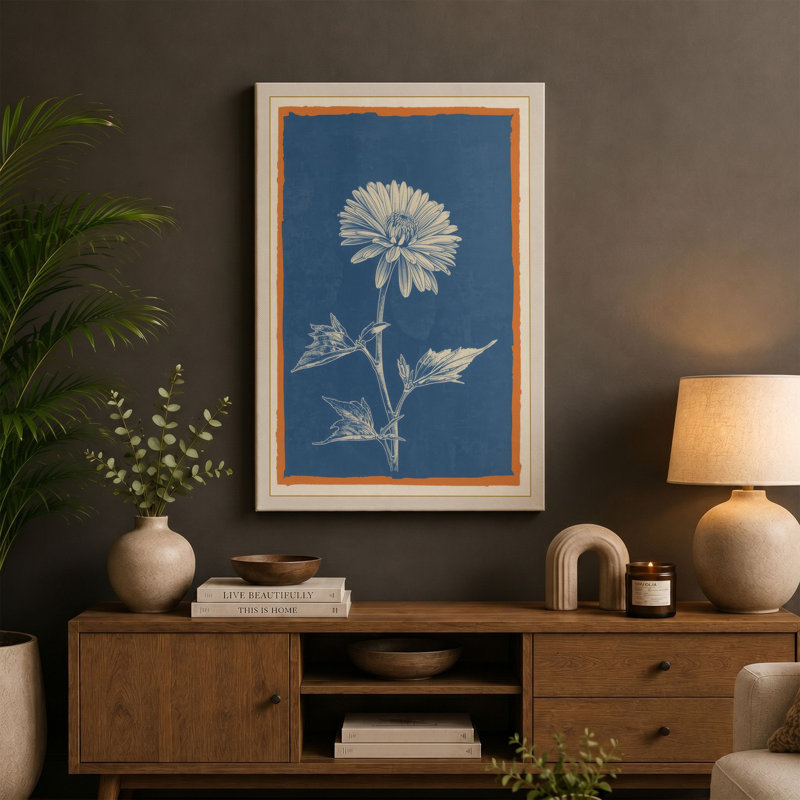 Daisy in Blueprint Botanical - Wrapped Canvas, 18x12 - 45.7 x 30.5 cm, Taupe Border