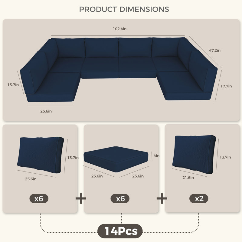 14 Piece Outdoor Sectional Cushions,Water-Resistant Patio Funiture Sectional Cushion Fits 6-seat Rattan Conversation Set Sofa Seat / Back Cushion (Including 4" High Density Foam )