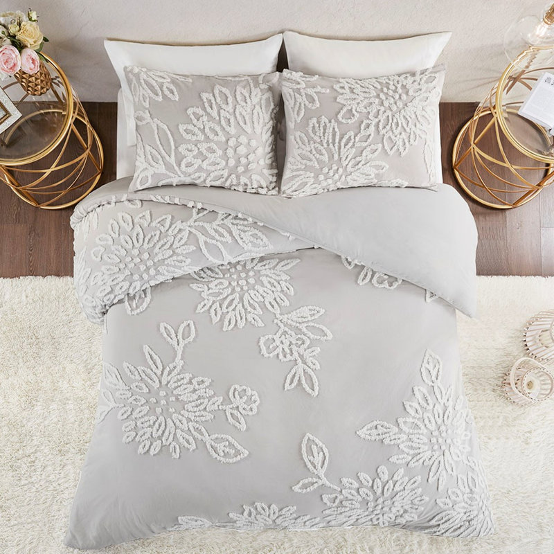 Housse de couette en coton chenille - gris chaud et aspect chambre à coucher floral 
