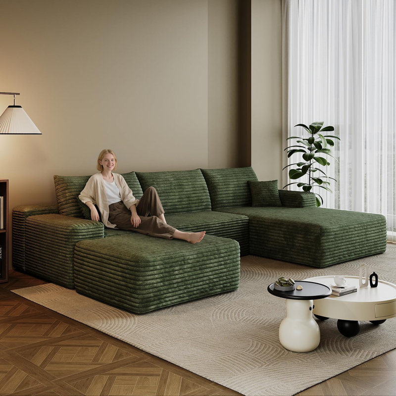 Canapé modulaire en U en velours côtelé de style modulaire Boneless 107,5 "Boneless, Orienté à droite, Velours côtelé vert