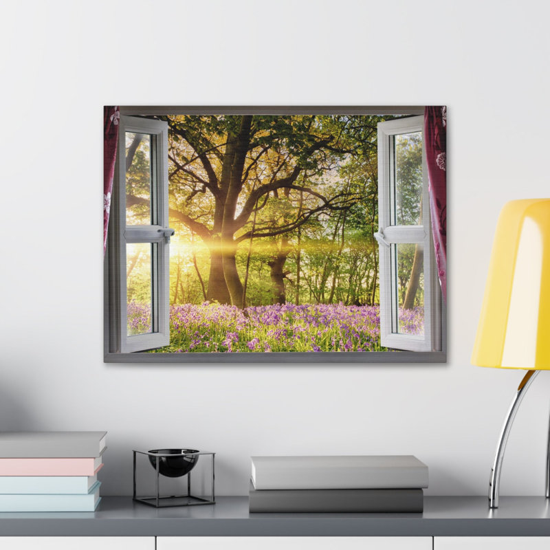 Impression sur toile, art mural, fenêtre, fleur et vue sur la nature, photographie, réalisme, paysage, H 12 po x l 18 po