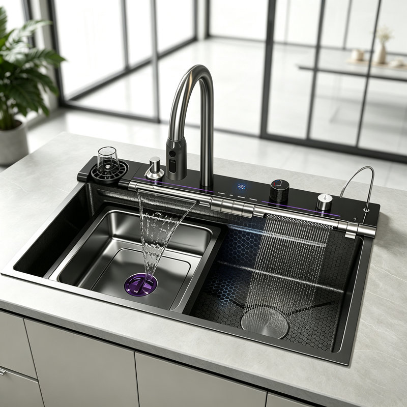 80x46cm Multifunctional Sinks Stainless Steel Kitchen Sink Single Bowl With Digital Display Faucet