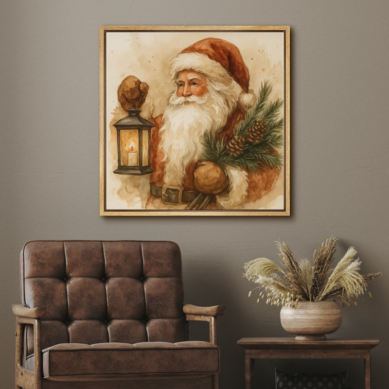 Décoration murale classique de père Noël avec lanterne et branche de pin - impression sur toile encadrée, H 16" x l 16"