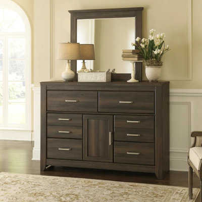 Rye 2Pc Dresser And Mirror Set, 6 Drawers W Cabinet, Dark Brown