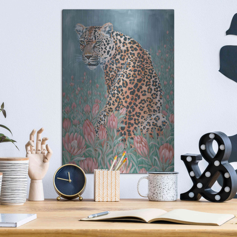 «Leopard in the Flowers» par JG Studios, art mural en métal, H 16 po x l 12 po