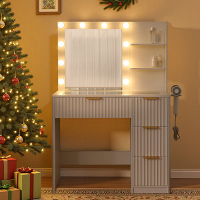36" White Makeup Vanity With Charging Station, 4 Drawers, 3 Shelves and Glass Top