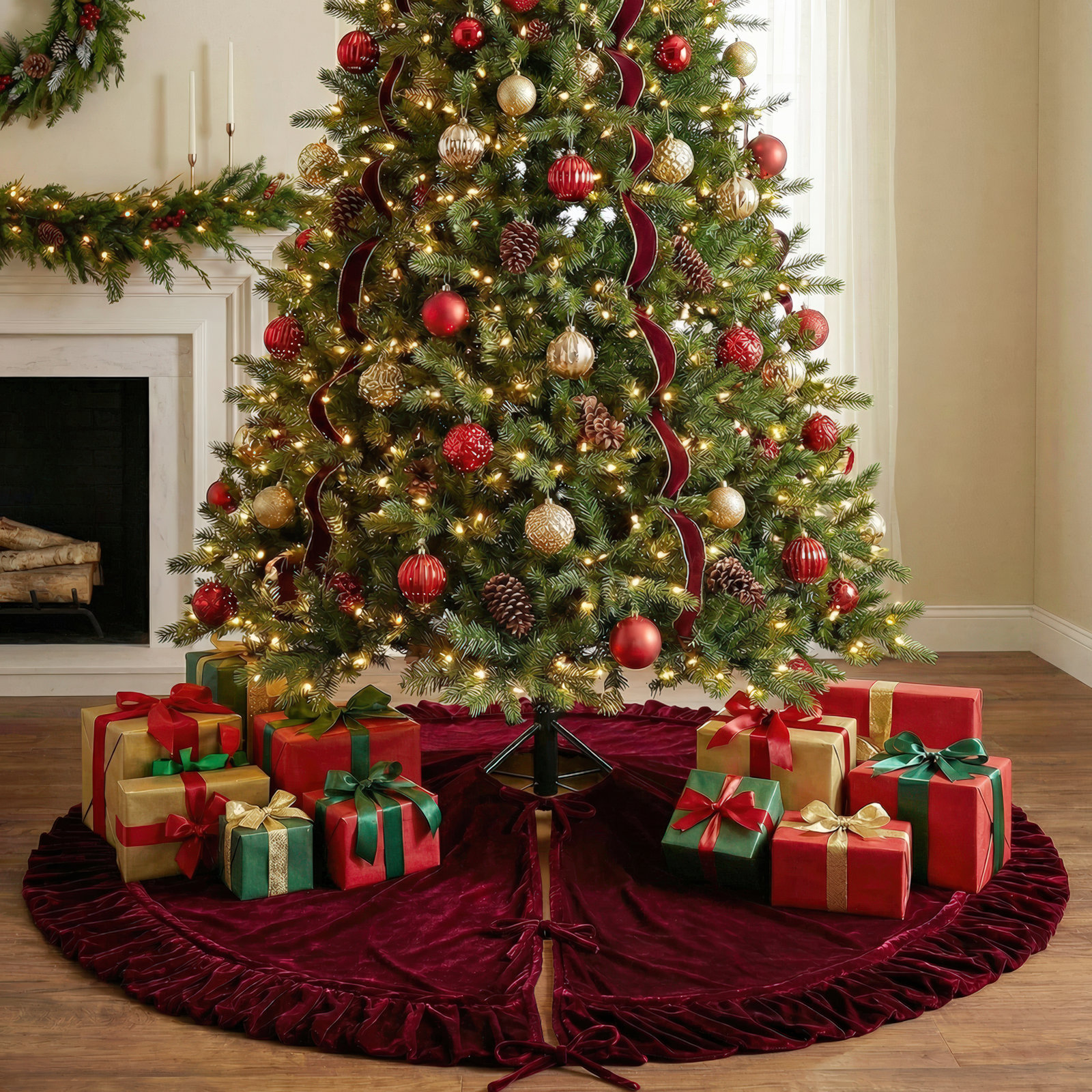 Hubbert Velvet Tree Skirt, 60" W, Red