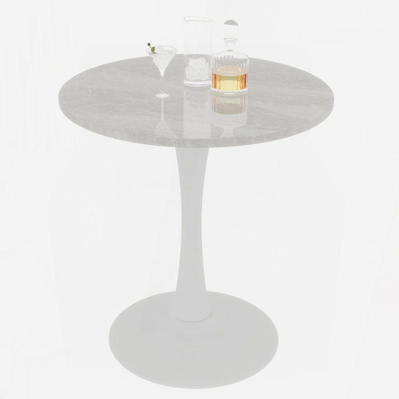 27.6" Round Marble-Effect Coffee Table with White Veined Top and White Pedestal Base, Off White/White