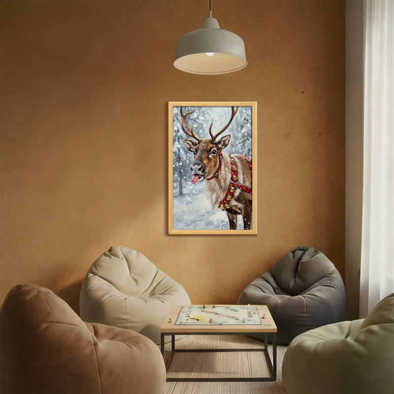 Animaux, renne dans la neige en hiver avec des clochettes, H 18 po x l 12 po