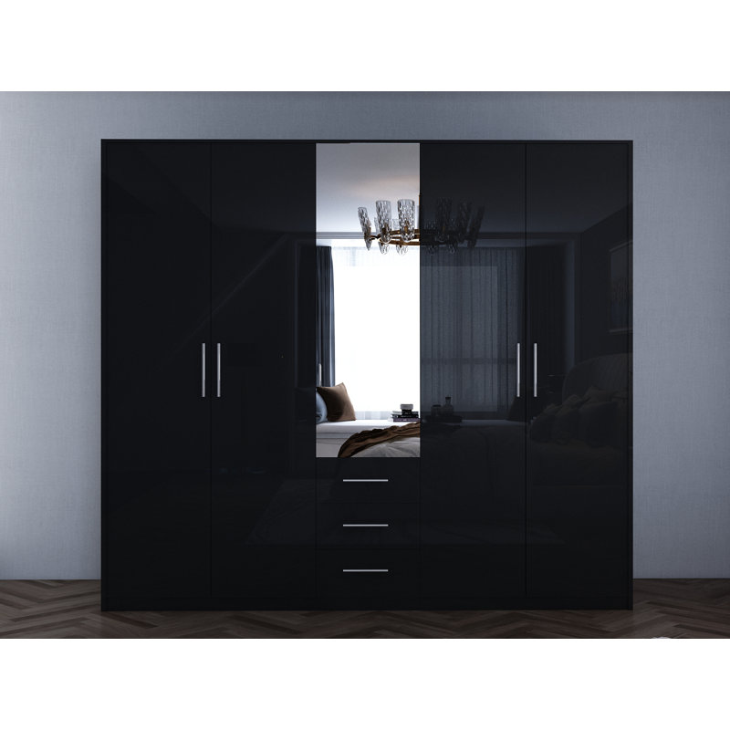 Pamel 5 Door Manufactured Wood Wardrobe, Gloss Black