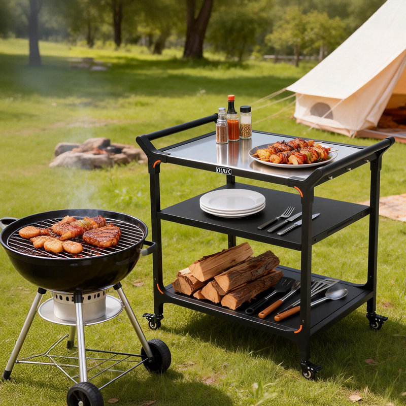 Îlot de cuisine 32 po x 24 po avec îlot de cuisine extérieur et four à pizza, chariot de préparation pour îlot de barbecue extérieur avec rangement à 3 niveaux et roulettes