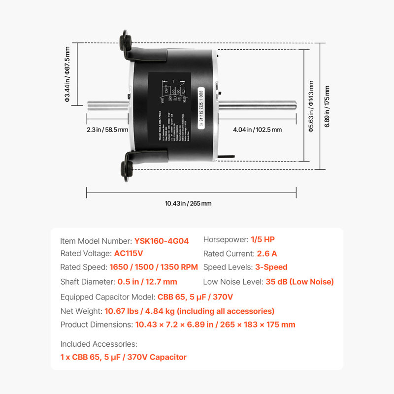 Moteur de ventilateur à courant alternatif 1 / 5HP RV AC115V 2,6A 1650RPM monophasé avec condensateur 5uf / 370V
