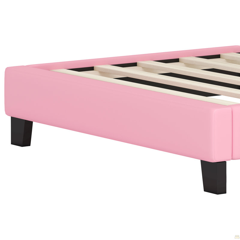 Lit simple tapissier princesse avec tête de lit couronne, lit plateforme simple, Rose