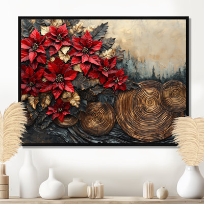 Govanna, fleurs de poinsettias rouges sur une glissade en bois I - art encadré de poinsettias
