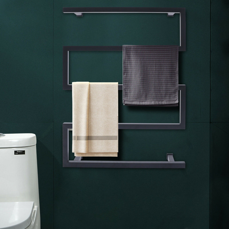 Electric Towel Rack 110V Wall-Mounted S-Shaped Black Stainless Steel Heated Towel Warmer with 90W Power, IP56 Rated for Bathrooms & Hotels