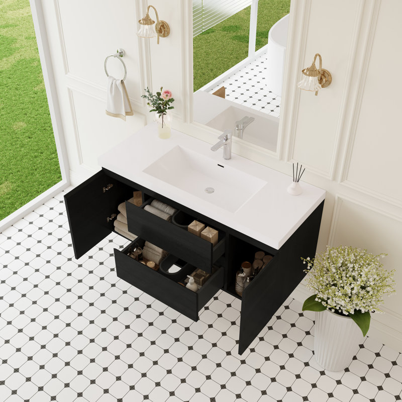Meuble-lavabo 48 po en bois, mural avec lavabo, tiroirs à fermeture en douceur blanc brillant et une pièce