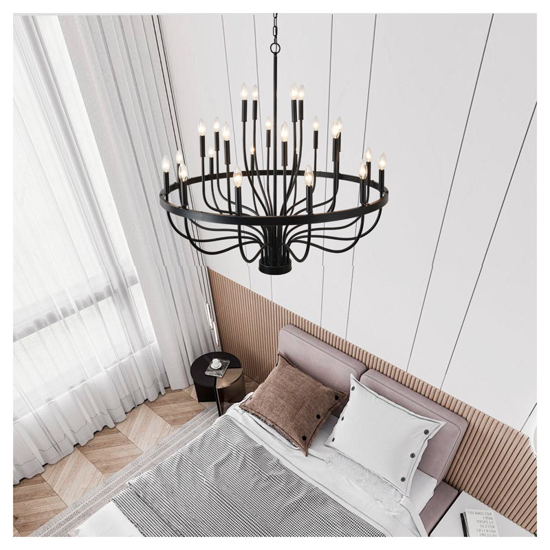 Lustre 36 lumières en fer noir mat industriel avec porte-bougies