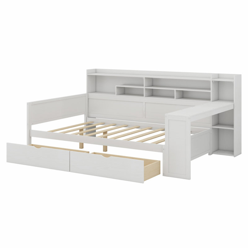 Lit de jour en bois avec tablettes de rangement, lit multifonctionnel avec tiroirs de rangement et bureau d'étude